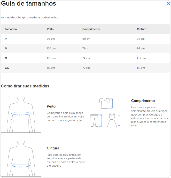 Como preencher uma tabela de tamanhos e medidas para itens de