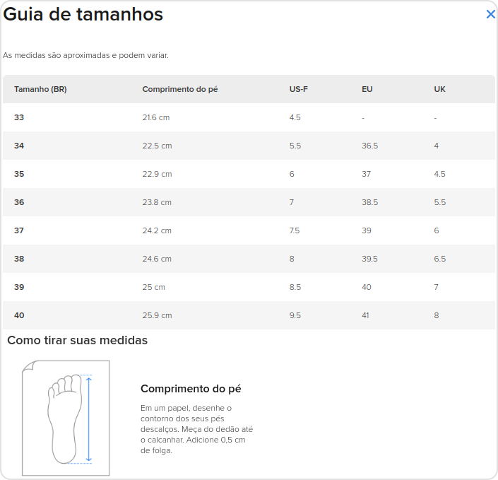 Guia de tamanhos sales calçados