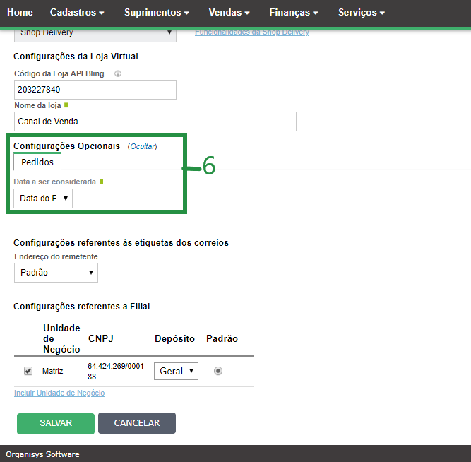configurações opcionais Shop Delivery